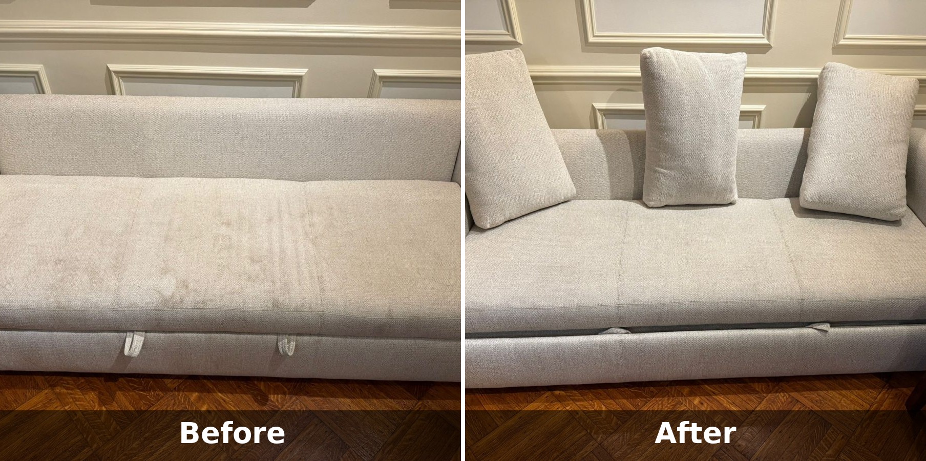 Split before-and-after image showing a light beige upholstered sofa with visible stains on the left and a cleaner appearance with cushions on the right.