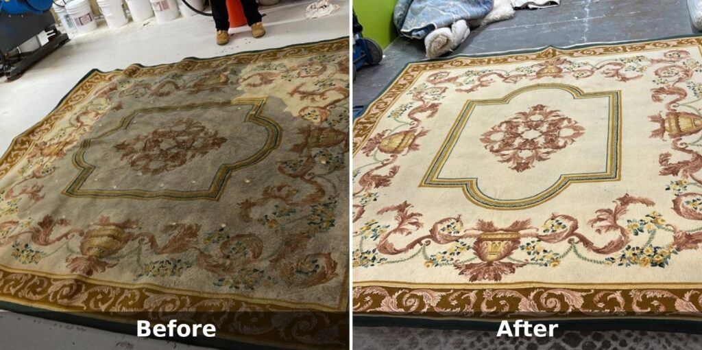 Side-by-side before and after photos of a decorative area rug showing heavy soiling on the left and a cleaned rug on the right.