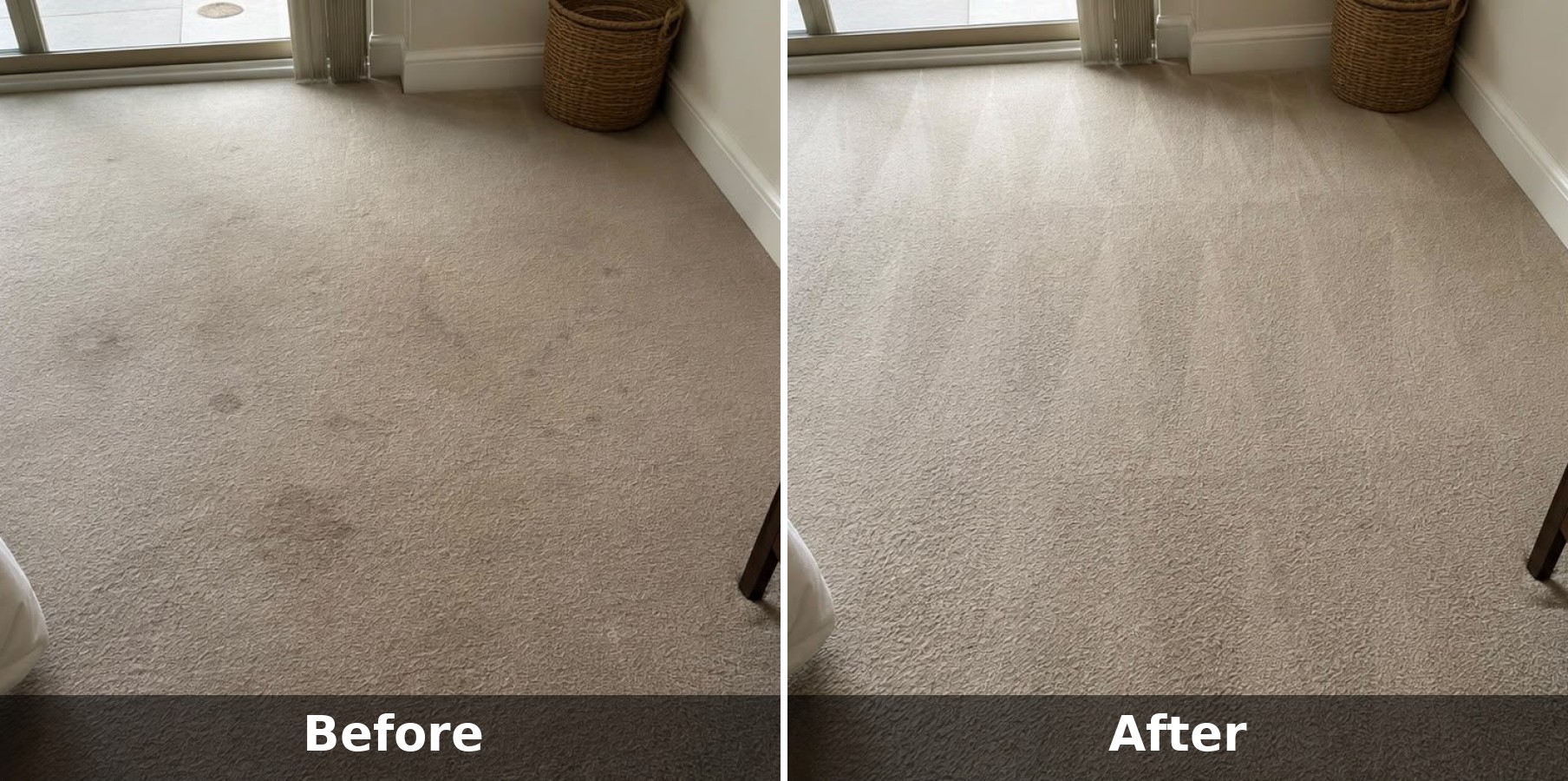 A side-by-side before and after photo shows a beige carpet with visible stains on the left and a cleaner area on the right.