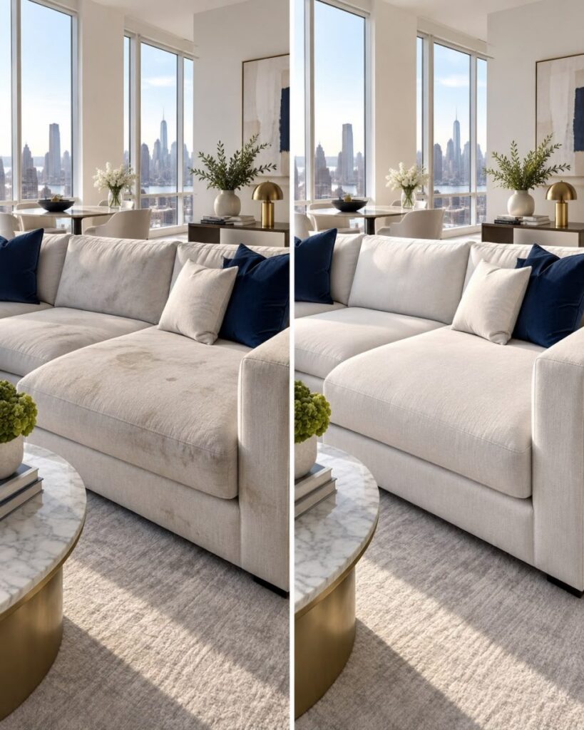 A split image shows a beige sofa with visible stains on the left side and a clean section on the right in a bright living room with a city skyline visible through large windows.